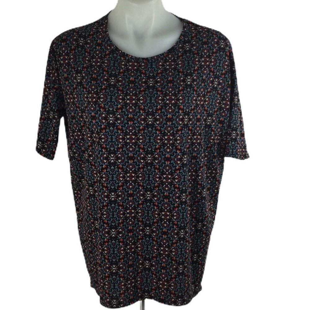 Lularoe Irma Top Womens Hi Low Size XXS Black White Blue Print Short Sleeve